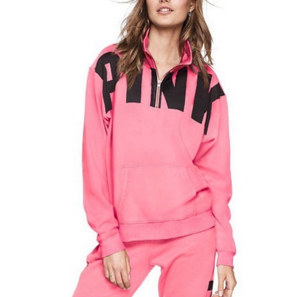 PINK Logo Fleece Lined Boyfriend Pullover Half Zip Sweater Size Small